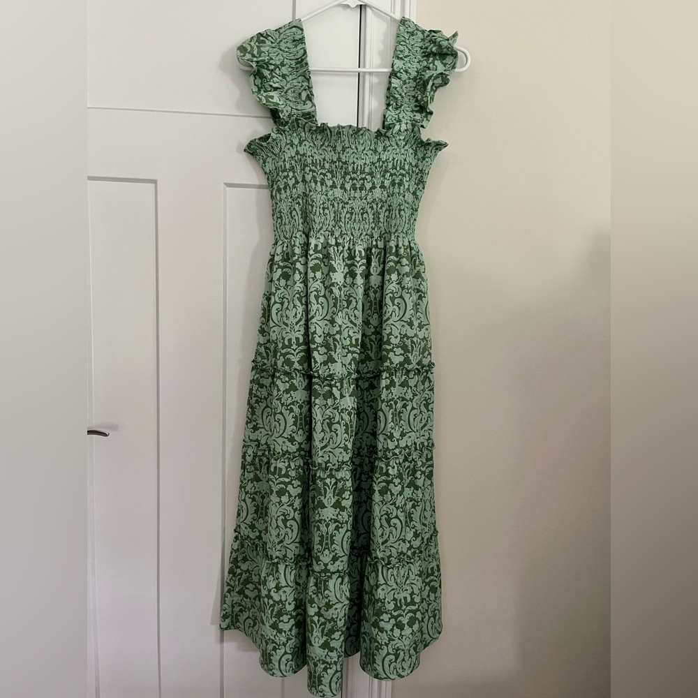 Hill House Ellie Nap Midi Dress, Green Jacquard Paisley Floral Print, Size Small